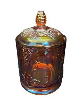 Vintage Indiana Glass Canister Harvest Grape Pattern in Marigold Carnival Glass
